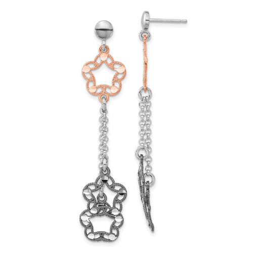 Ruthenium-Plated Sterling Silver Rose-Tone/Ruthenium-Plated Diamond-Cut Flower Dangle Earrings, 61.5 mm