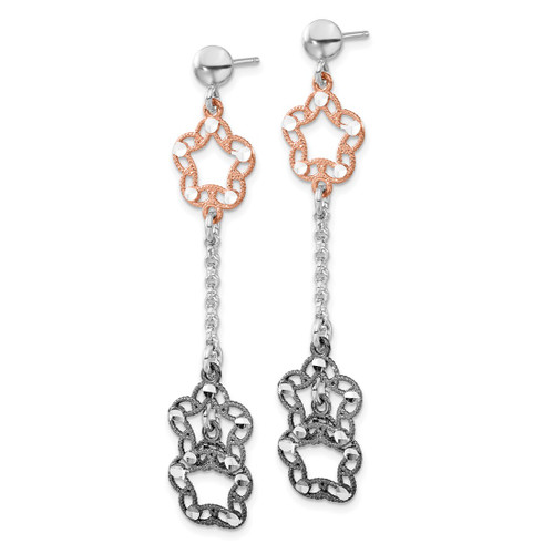 Ruthenium-Plated Sterling Silver Rose-Tone/Ruthenium-Plated Diamond-Cut Flower Dangle Earrings, 61.5 mm - View 2