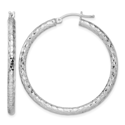 Sterling Silver Rhodium-Plated Textured 3 x 40 mm Hoop Earrings