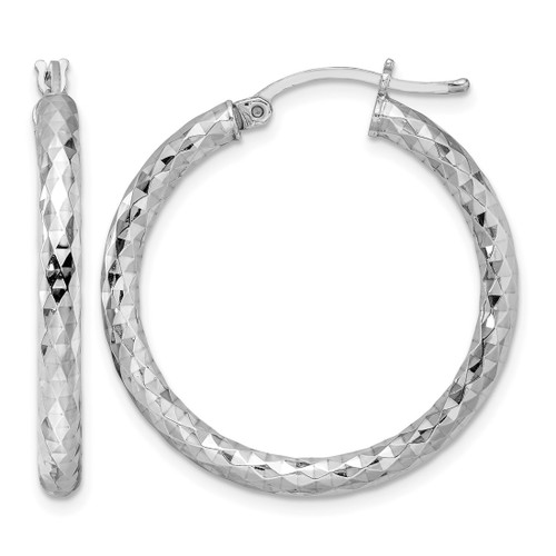 Sterling Silver Rhodium-Plated Textured 3 x 30 mm Hoop Earrings