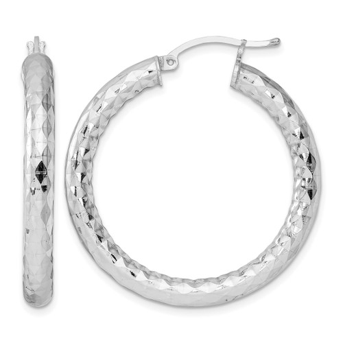 Sterling Silver Rhodium-Plated Textured 4 x 35 mm Hoop Earrings
