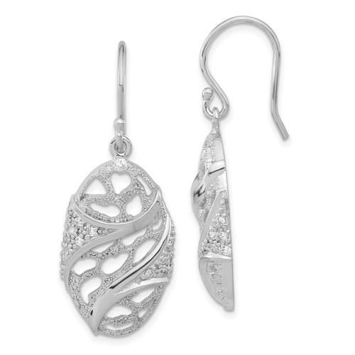Sterling Silver Polished & Textured Cubic Zirconia Oval Dangle French Wire Earrings, 43 mm