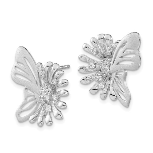 Sterling Silver Polished & Satin Flower Butterfly Cubic Zirconia Stud Earrings, 21.5 mm - View 2