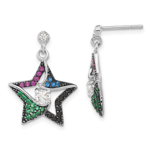 Sterling Silver with Black Rhodium Synthetic Spinel, Syn. Lab-Created Ruby & Cubic Zirconia Star Post Dangle Earrings, 22.25 mm