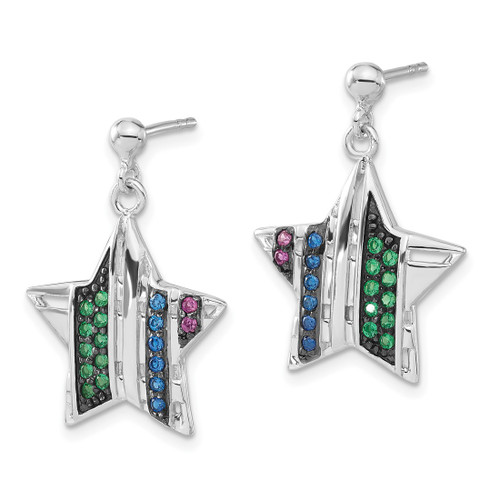 Sterling Silver with Black Rhodium Synthetic Spinel & Lab-Created Ruby Star Post Dangle Earrings, 24 mm - View 2