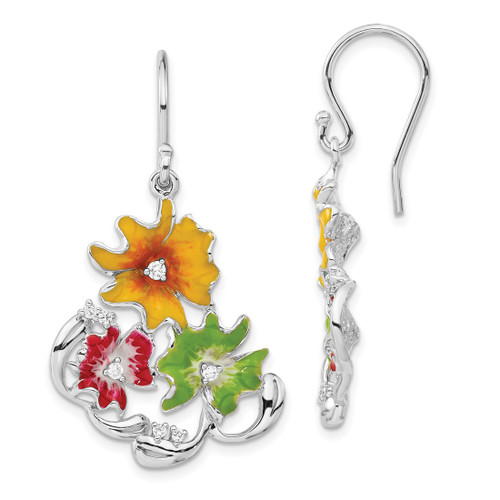 Sterling Silver Red, Green & Yellow Enamel Cubic Zirconia Flowers Dangle French Wire Earrings, 45.5 mm