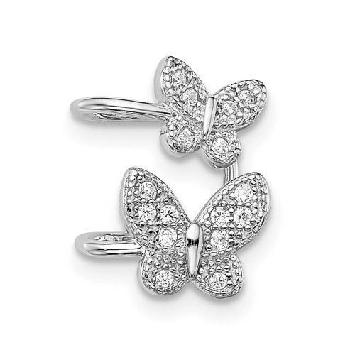 Sterling Silver Rhodium-Plated Cubic Zirconia Double Butterfly Right Cuff Single Hoop Earring, 15 mm