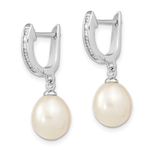 Sterling Silver Rhodium-Plated 8-9 mm White Rice Cultured Freshwater Pearl and Cubic Zirconia Dangle Hoop Drop Earrings, 25.5 mm Long - View 2
