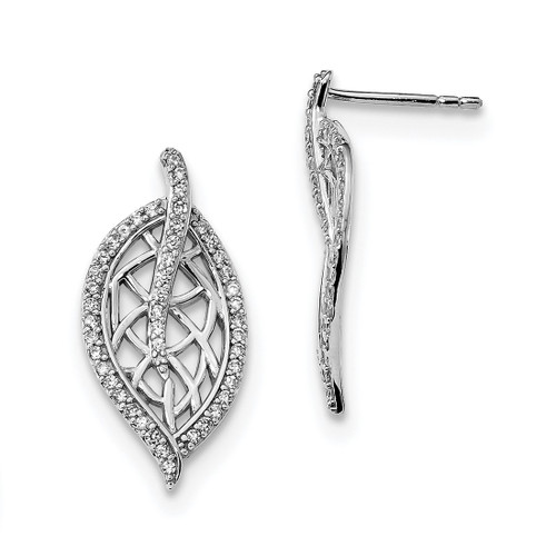 Sterling Silver Rhodium-Plated Polished with Cubic Zirconia Leaf Post Drop Earrings, 25 mm