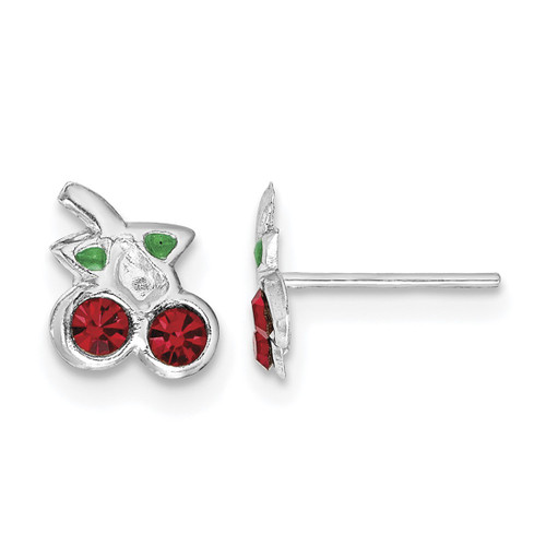 Sterling Silver Rhodium-Plated Polished Red & Green Crystal Cherries Petite Stud Earrings, 5.94 mm