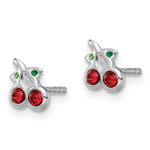 Sterling Silver Rhodium-Plated Polished Red & Green Crystal Cherries Petite Stud Earrings, 5.94 mm - View 2