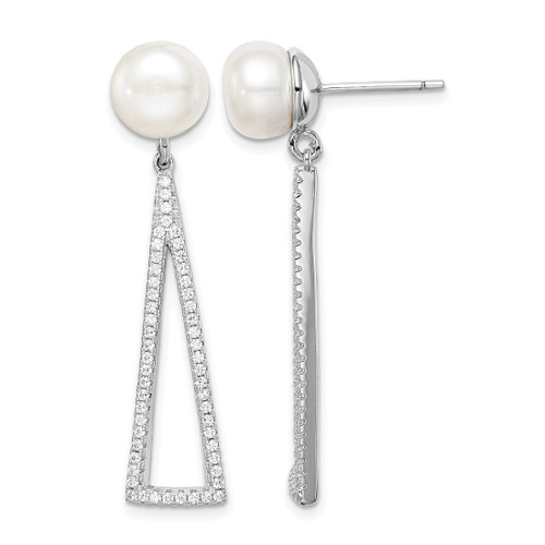 Sterling Silver Rhodium-Plated 8-9 mm White Button Cultured Freshwater Pearl Cubic Zirconia Drop Earrings, 40 mm Long