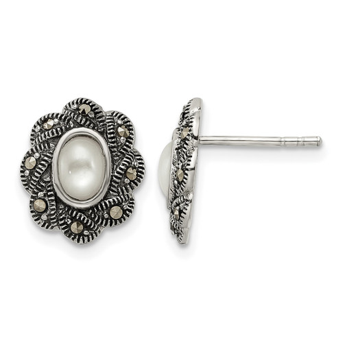 Sterling Silver Antiqued Marcasite & Mother of Pearl Stud Earrings, 12.93 mm