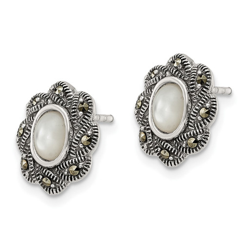 Sterling Silver Antiqued Marcasite & Mother of Pearl Stud Earrings, 12.93 mm - View 2