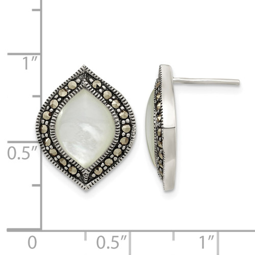 Sterling Silver Antiqued Marcasite & Mother of Pearl Post Drop Earrings, 18.6 mm - View 2