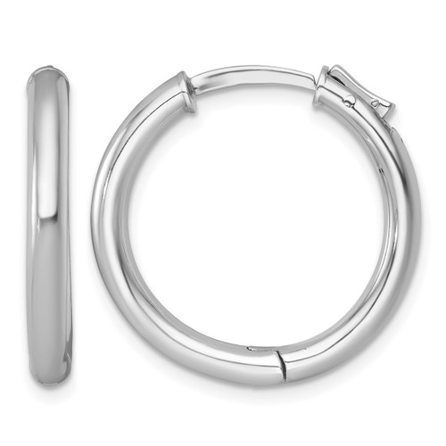 Sterling Silver Rhodium-Plated Polished 3 x 25 mm with Safety Lock Round Hinged Hoop Earrings