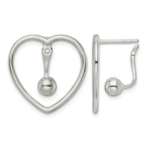 Sterling Silver Polished Heart with Drop and Dangle Ball Threader Post Earrings, 20.75 mm