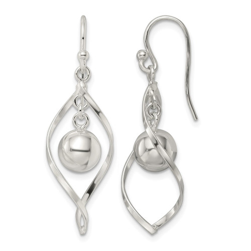 Sterling Silver Polished Twisted and Ball Dangle French Wire Earrings, 40 mm