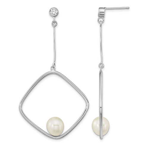 Sterling Silver Rhodium-Plated 7-8 mm White Rice Cultured Freshwater Pearl Cubic Zirconia Dangle Earrings, 57.9 mm Long
