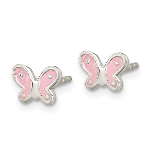 Sterling Silver Rhodium-Plated Polish Enameled Pink Butterfly Petite Stud Earrings, 5.52 mm - View 2