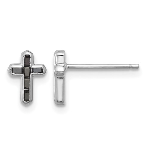 Sterling Silver Rhodium-Plated Polished Black Spinel Cross Stud Earrings, 9 mm