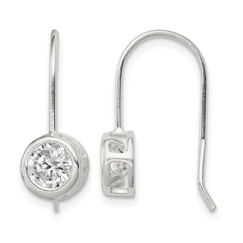 Sterling Silver Polished Round Cubic Zirconia Bezel Dangle French Wire Earrings, 22 mm
