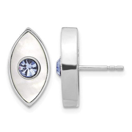 Sterling Silver Rhodium-Plated Polished Mother of Pearl & Blue Crystal Evil Eye Stud Earrings, 9.4 mm