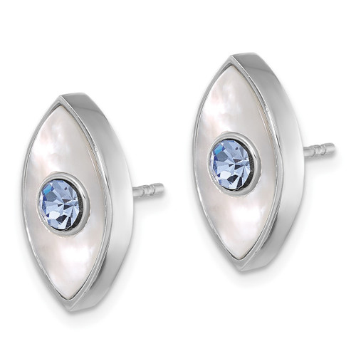 Sterling Silver Rhodium-Plated Polished Mother of Pearl & Blue Crystal Evil Eye Stud Earrings, 9.4 mm - View 2