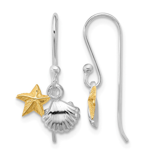 Sterling Silver Rhodium-Plated Flash Gold and Silver-Tone Starfish & Shell Dangle French Wire Earrings, 20.5 mm
