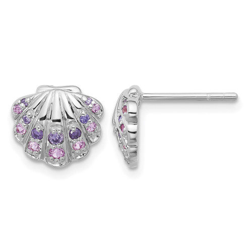 Sterling Silver Rhodium-Plated Polished Cubic Zirconia Shell Stud Earrings, 9.3 mm