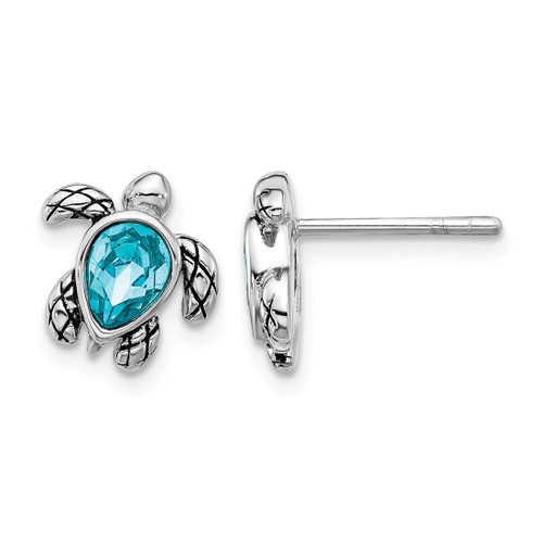 Sterling Silver Rhodium-Plated Polished and Antiqued Blue Crystal December Birthstone Turtle Stud Earrings, 10.4 mm