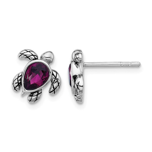 Sterling Silver Rhodium-Plated Polished and Antiqued Purple Crystal February Birthstone Turtle Stud Earrings, 10.4 mm