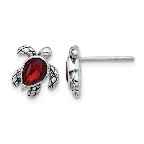 Sterling Silver Rhodium-Plated Polished and Antiqued Red Crystal January Birthstone Turtle Stud Earrings, 10.4 mm