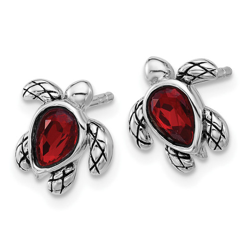 Sterling Silver Rhodium-Plated Polished and Antiqued Red Crystal January Birthstone Turtle Stud Earrings, 10.4 mm - View 2