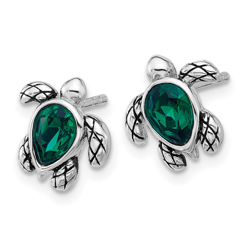 Sterling Silver Rhodium-Plated Polished and Antiqued Green Crystal May Birthstone Turtle Stud Earrings, 10.4 mm - View 2