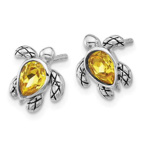 Sterling Silver Rhodium-Plated Polished and Antiqued Yellow Crystal November Birthstone Turtle Stud Earrings, 10.4 mm - View 2