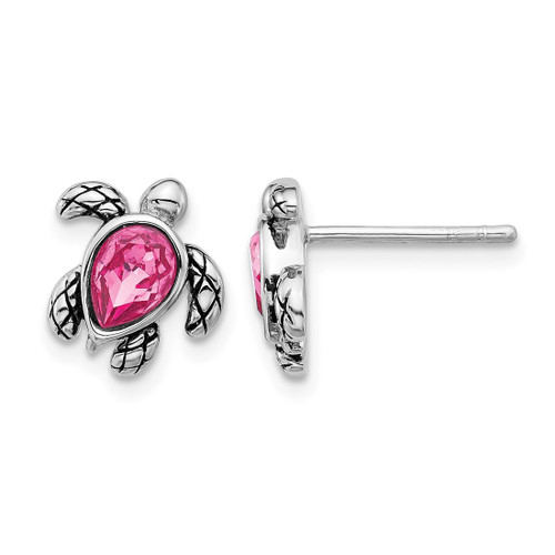 Sterling Silver Rhodium-Plated Polished and Antiqued Pink Crystal October Birthstone Turtle Stud Earrings, 10.4 mm