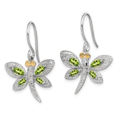 Sterling Silver/14K Rhodium-Plated Peridot/Diamond Dragonfly Drop French Wire Earrings, 29 mm - View 2