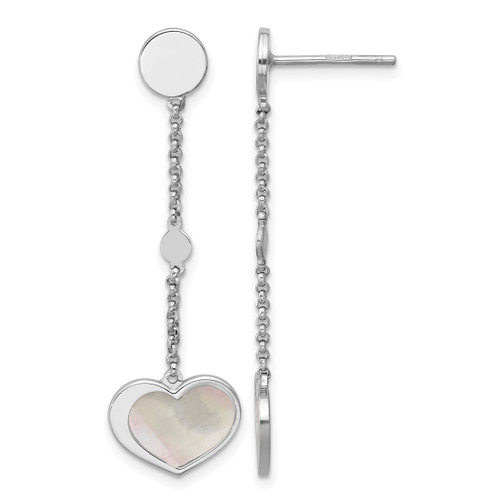 Sterling Silver Rhodium-Plated Mother of Pearl Heart and Chain Post Dangle Earrings, 37 mm