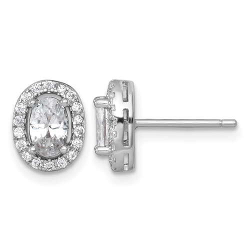 Sterling Silver Rhodium-Plated Polished 9.5 x 7.0 mm Oval Cubic Zirconia Halo Stud Earrings, 10.3 mm Long