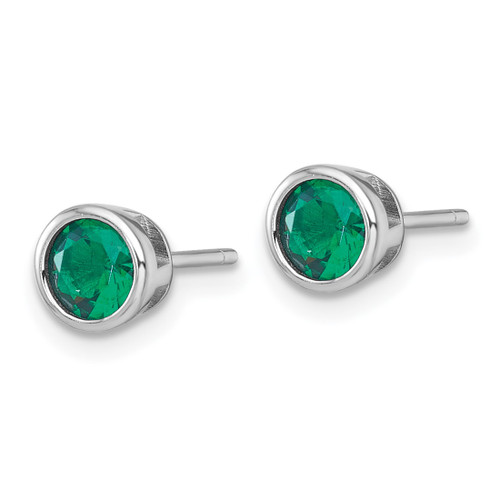 Sterling Silver Rhodium-Plated Polished Bezel Set 6.2 mm Round Green Cubic Zirconia Stud Earrings - View 2