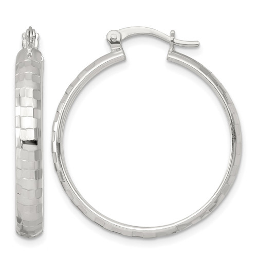 Sterling Silver Polished Diamond-Cut 30 x 4 mm Round Hoop Earrings, 30 mm Long