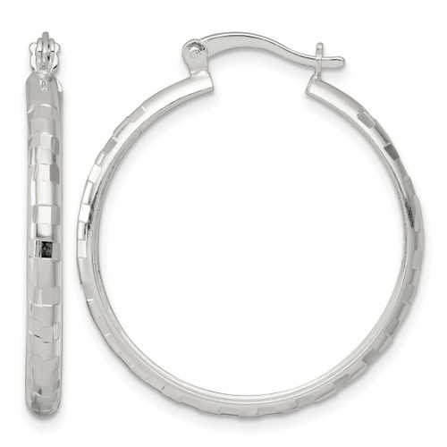 Sterling Silver Polished Diamond-Cut 30 x 3 mm Round Hoop Earrings, 30 mm Long