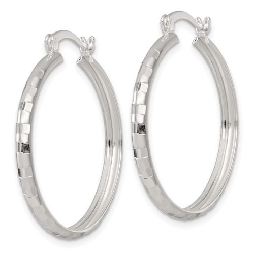 Sterling Silver Polished Diamond-Cut 30 x 3 mm Round Hoop Earrings, 30 mm Long - View 2