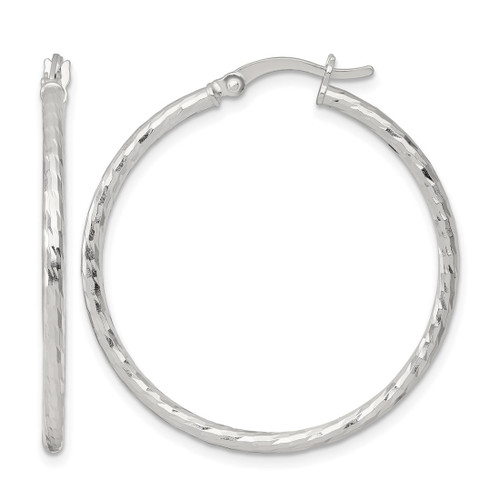 Sterling Silver Polished Diamond-Cut 35 x 2 mm Round Hoop Earrings, 35 mm Long
