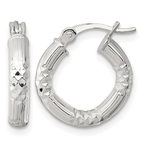 Sterling Silver Polished Diamond-Cut Textured 15 x 3.25 mm Round Hoop Earrings, 15 mm Long