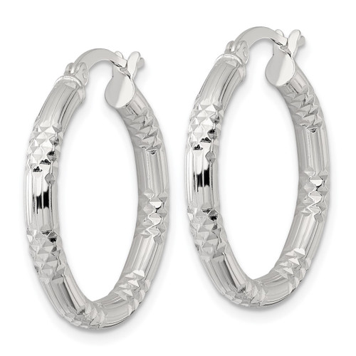 Sterling Silver Polished Diamond-Cut Textured 25 x 3.25 mm Round Hoop Earrings - View 2