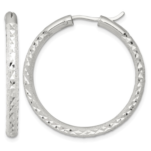 Sterling Silver Laser and Diamond-Cut 35 x 3.25 mm Hidden Catch Round Hoop Earrings, 35 mm Long