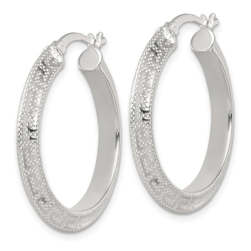 Sterling Silver Textured 30 x 4.0 mm Knife Edge Greek Key Round Hoop Earrings, 30 mm Long - View 2