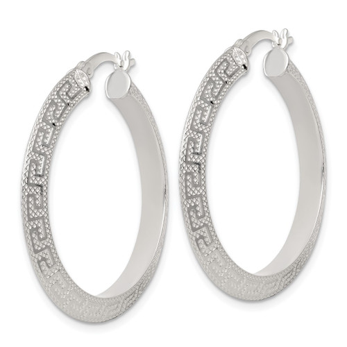 Sterling Silver Textured 35 x 4.0 mm Knife Edge Greek Key Round Hoop Earrings, 35 mm Long - View 2
